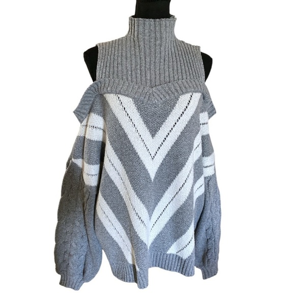 Oversized Cable Knit Sweater Sexy Boho Chic Grey/ White Off Shoulder Size 4X - Picture 2 of 12